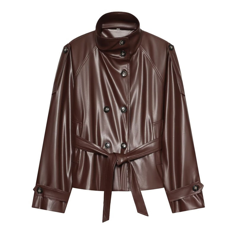 Women tailored faux leather jacket with stand-up collar, tie belt and double-breasted button placket
