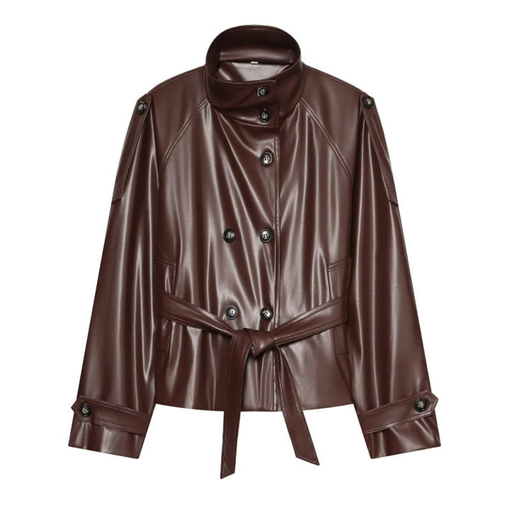 Women tailored faux leather jacket with stand-up collar, tie belt and double-breasted button placket
