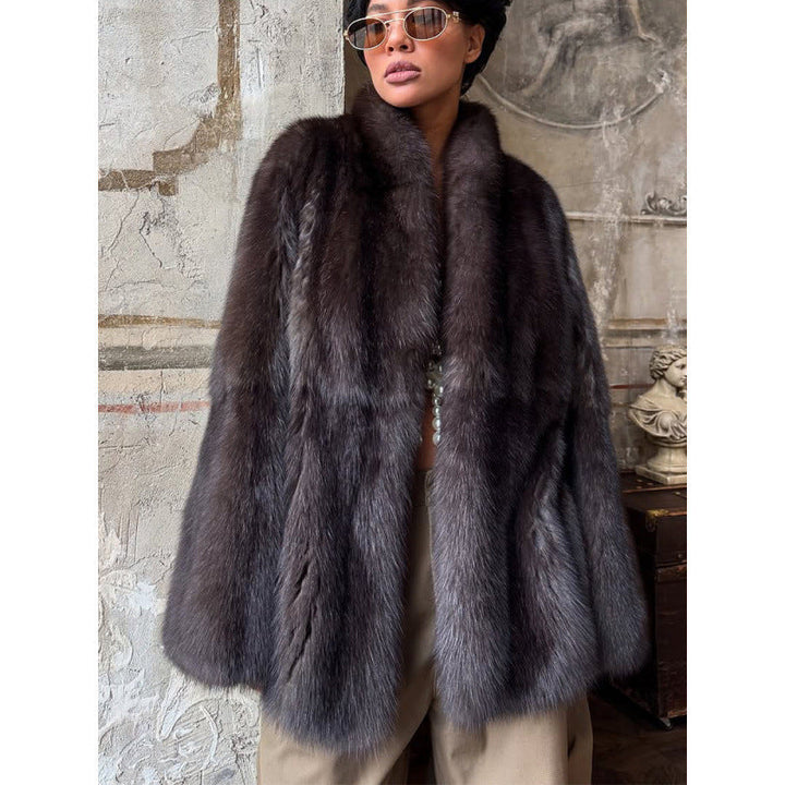 Ladies short fur coat with kimono sleeves and stand-up collar