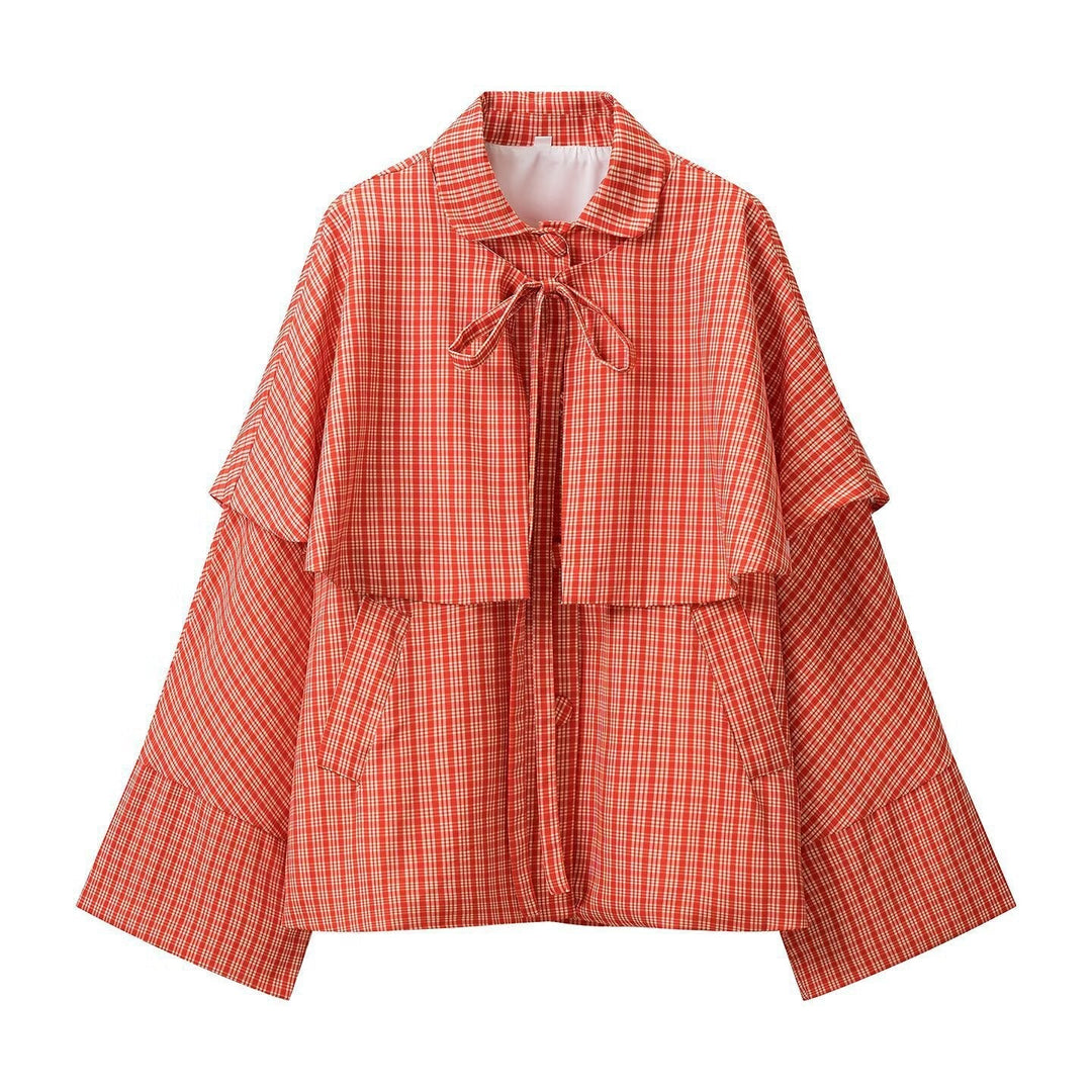 Ladies Wide Cape Jacket with Overlapping Shoulder Yoke and Bow Closure