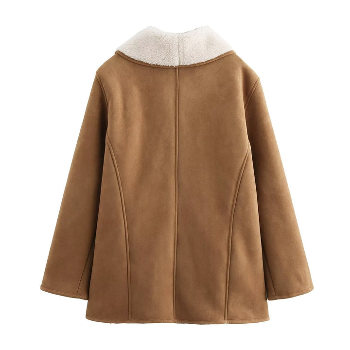 Ladies short coat in velour look with teddy lining and shawl collar