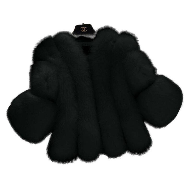 Women Fluffy Faux Fur Coat with Wide Cut Sleeves