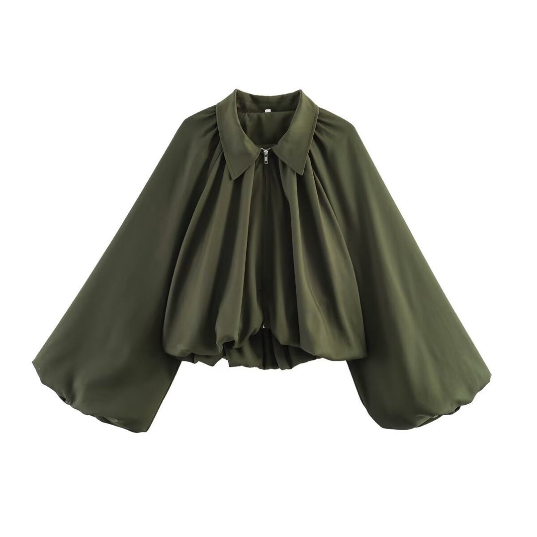 Women’s short jacket with oversized balloon sleeves and zip