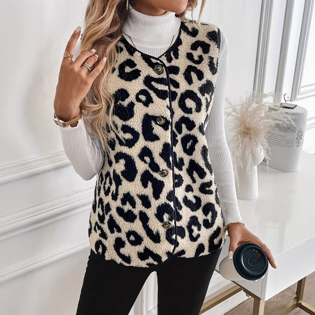 Women Sleeveless Teddy Vest with Leo Pattern, Button Placket and Curved Hem