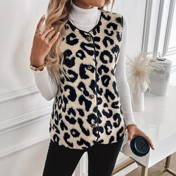 Women Sleeveless Teddy Vest with Leo Pattern, Button Placket and Curved Hem