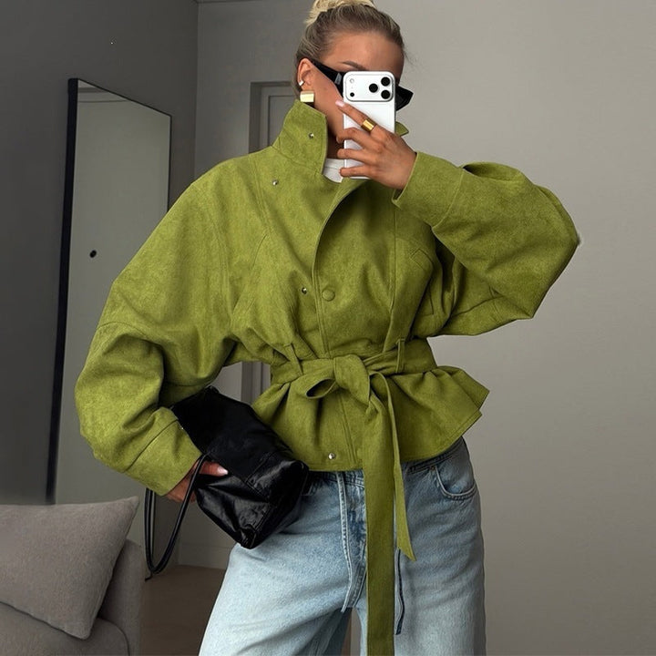 Ladies Tailored Short Jacket in Blouson Style with Tie Belt and Stand-Up Collar