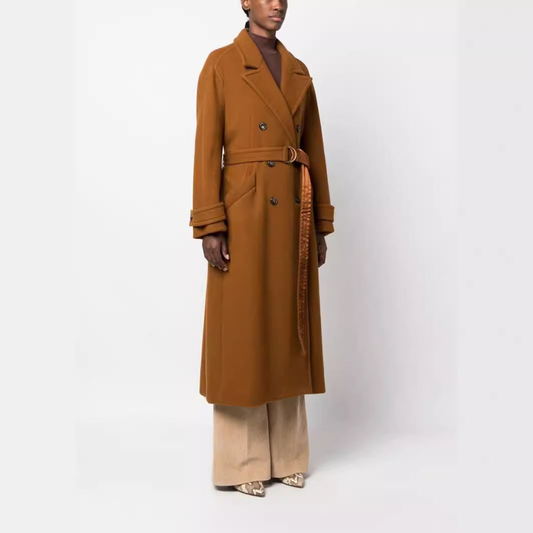 Women Maxilength Double-breasted Wool Blend Coat with Satin Ribbon Waist Belt and Rolled-up Sleeves