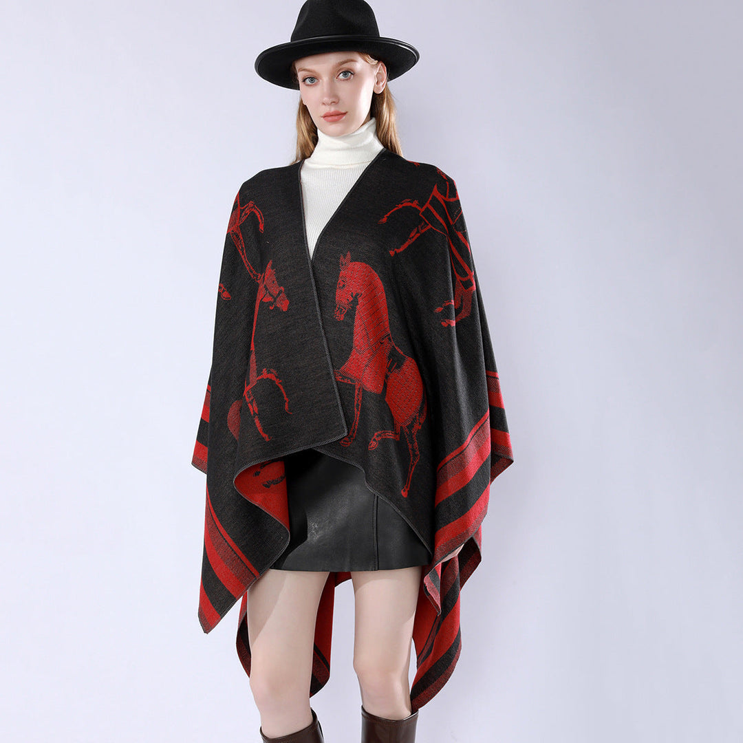 Women Jacquard Poncho Wrap with Horse Motif and Boxy Kimono Silhouette