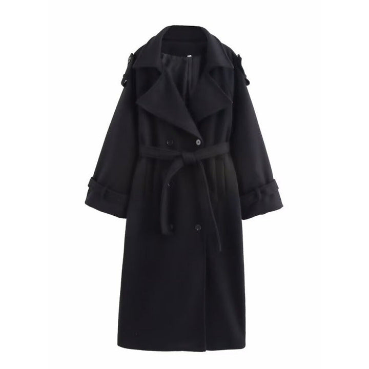 Women’s long double-breasted wool blend trench coat with belt and wide lapels