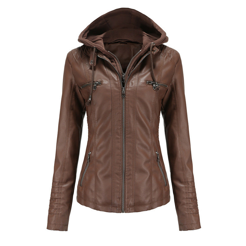 Women Tailored Faux Leather Jacket with Removable Hood and Zip