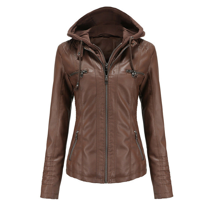 Women Tailored Faux Leather Jacket with Removable Hood and Zip