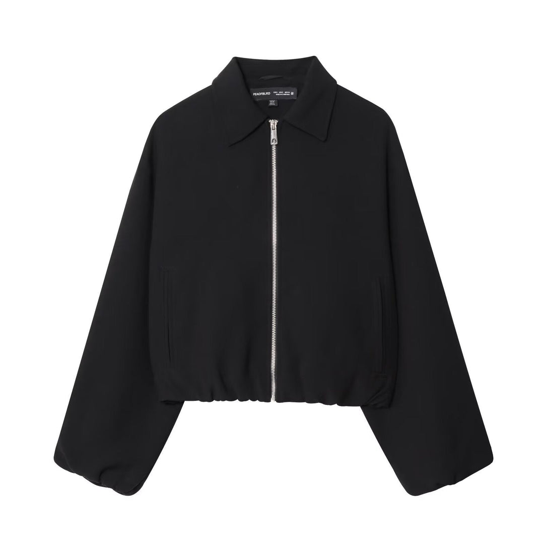 Women short jacket made of vegan leather with Kent collar, full-length zip and gathered hem