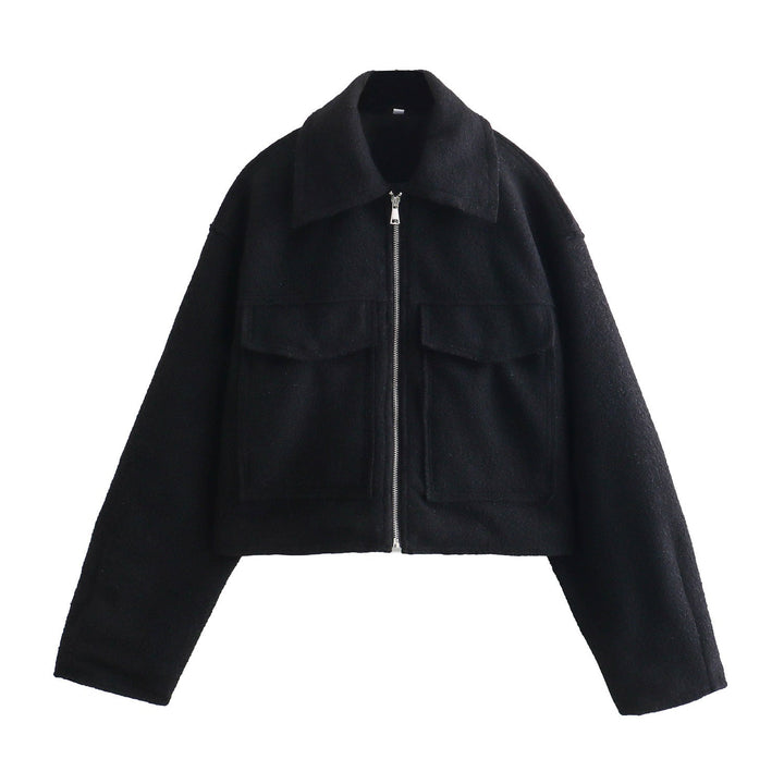 Women Short Boucle Jacket in Boxy Cut with Zip and Flap Pockets