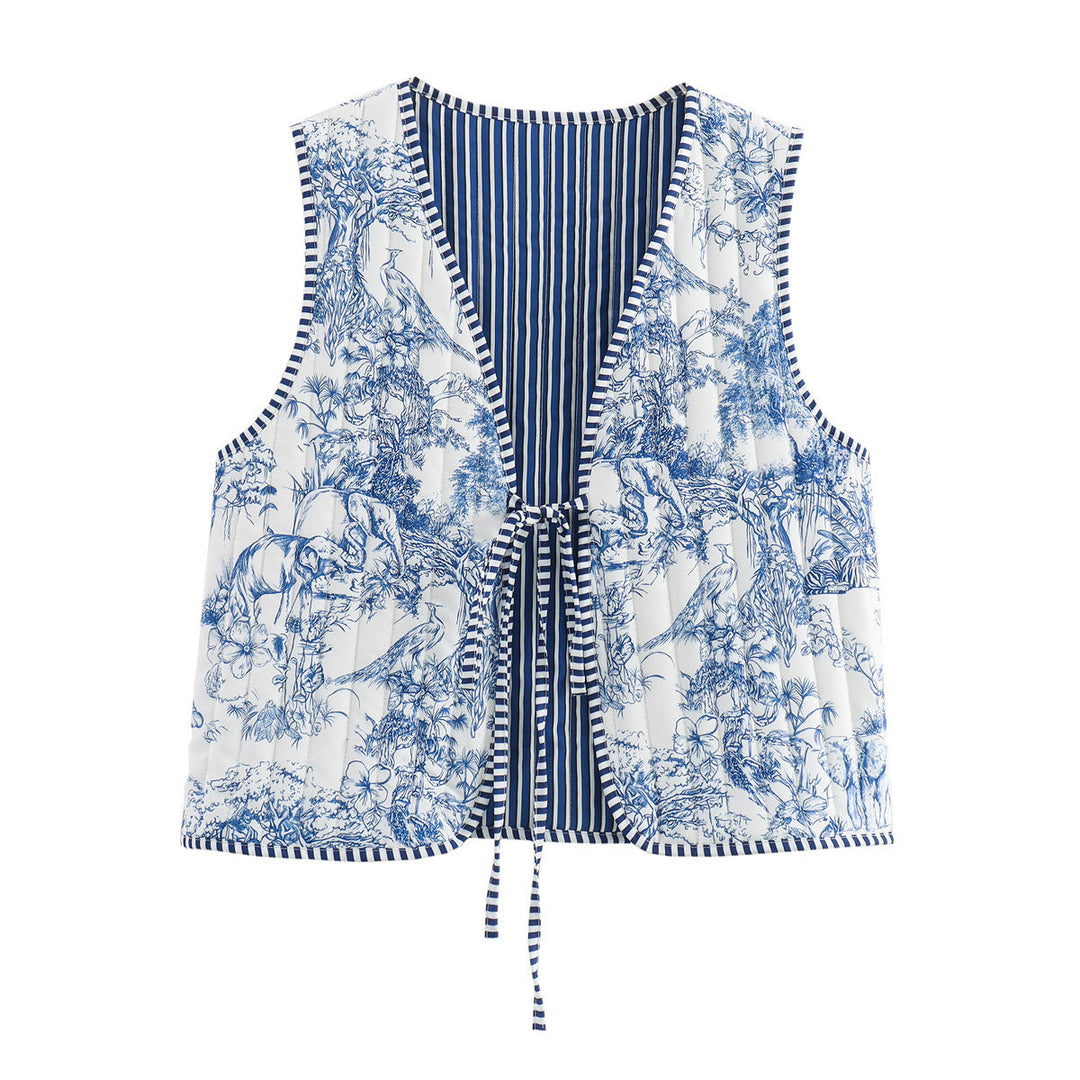 Women Patchwork Vest with Tie Band and V-Neck