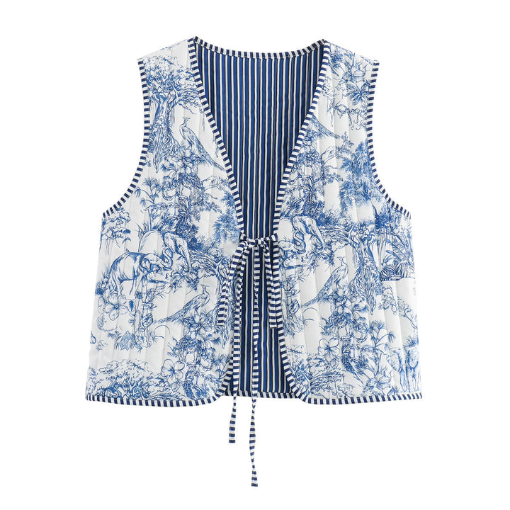 Women Patchwork Vest with Tie Band and V-Neck