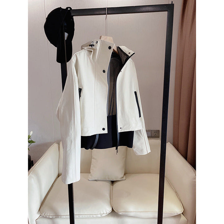 Women Short Hooded Jacket with Mesh Lining, Concealed Zip and Contrast Details