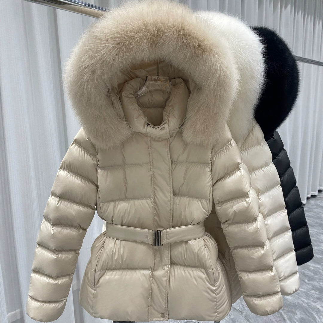 Women Tailored Quilted Puffer Jacket with Belt, High Collar and Removable Fur Trim