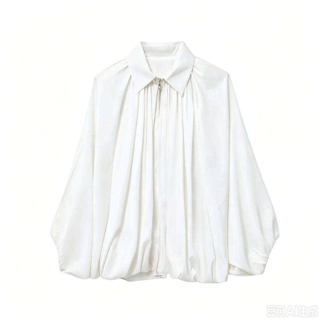 Women Wide Pleated Cape Transitional Jacket with Zip and Balloon-Shaped Hem