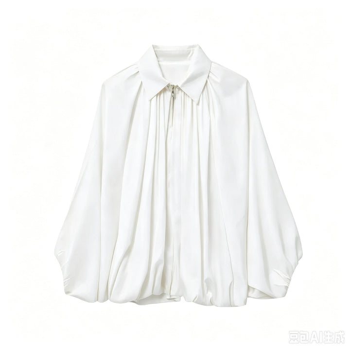 Women Wide Pleated Cape Transitional Jacket with Zip and Balloon-Shaped Hem