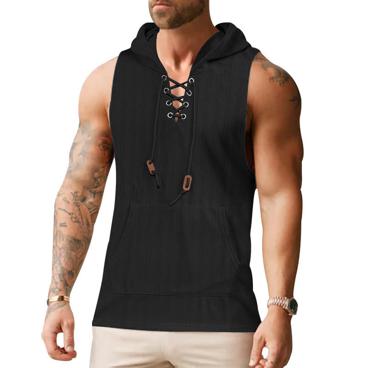 Men sleeveless hoodie sweatshirt with laced collar and kangaroo pocket