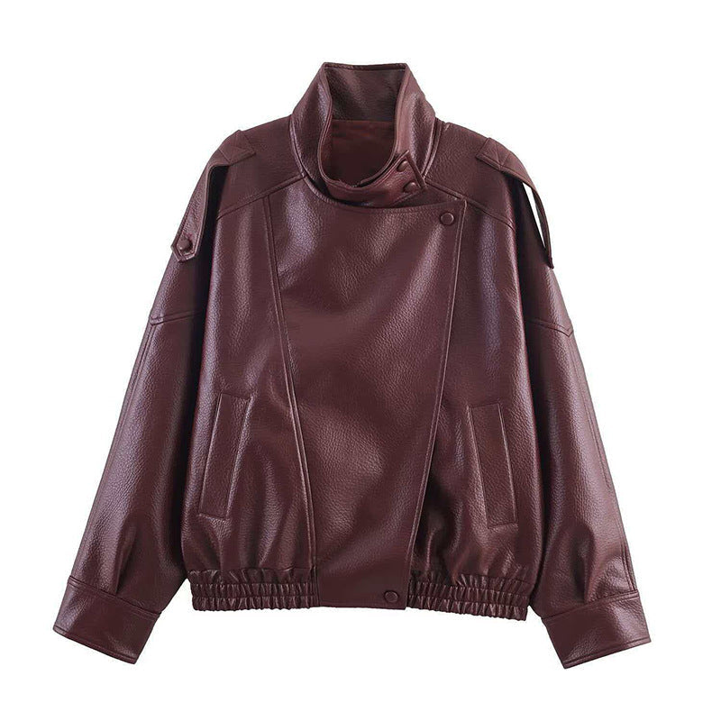 Ladies Oversize Biker Jacket made of Faux Leather with Stand-up Collar and Shoulder Flaps