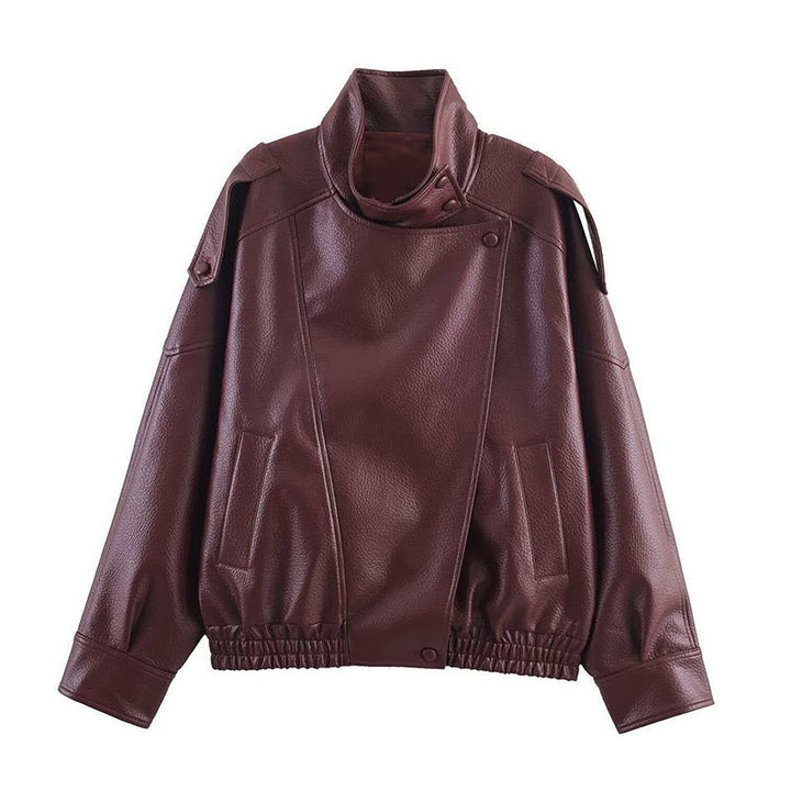 Ladies Oversize Biker Jacket made of Faux Leather with Stand-up Collar and Shoulder Flaps