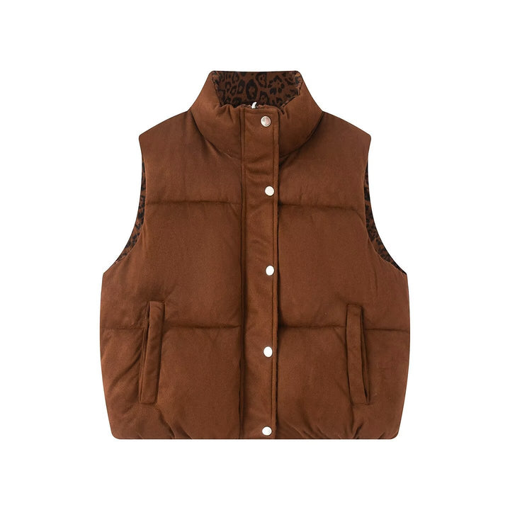 Women Padded Quilted Vest with High Stand-Up Collar and Leopard Print Lining