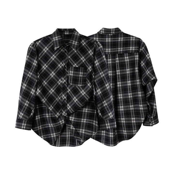 Unisex Checked Oversize Flannel Shirt Jacket in Layering Look with Rounded Hem and Chest Pocket