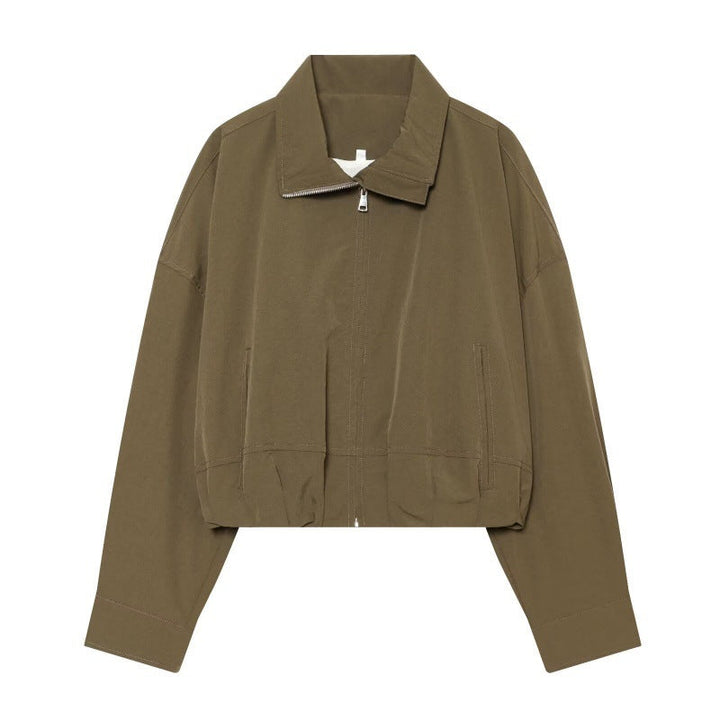 Women Cropped Boxy Jacket with Zip, Stand-Up Collar and Elastic Hem