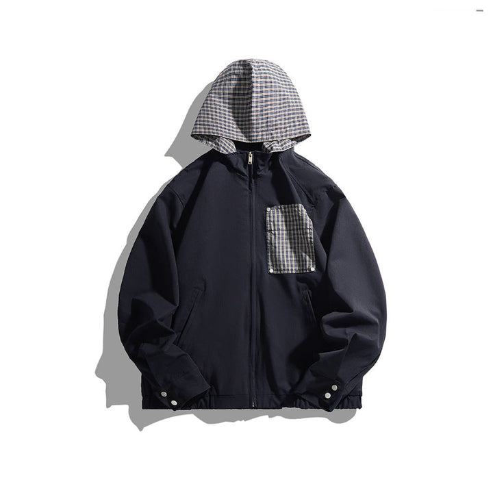 Unisex Light Hooded Transition Jacket with Check Patch Chest Pocket and Elastic Hem