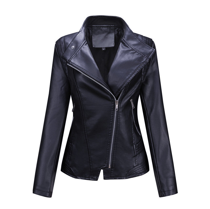 Women fitted biker jacket made of faux leather with asymmetrical zip and fitted cut