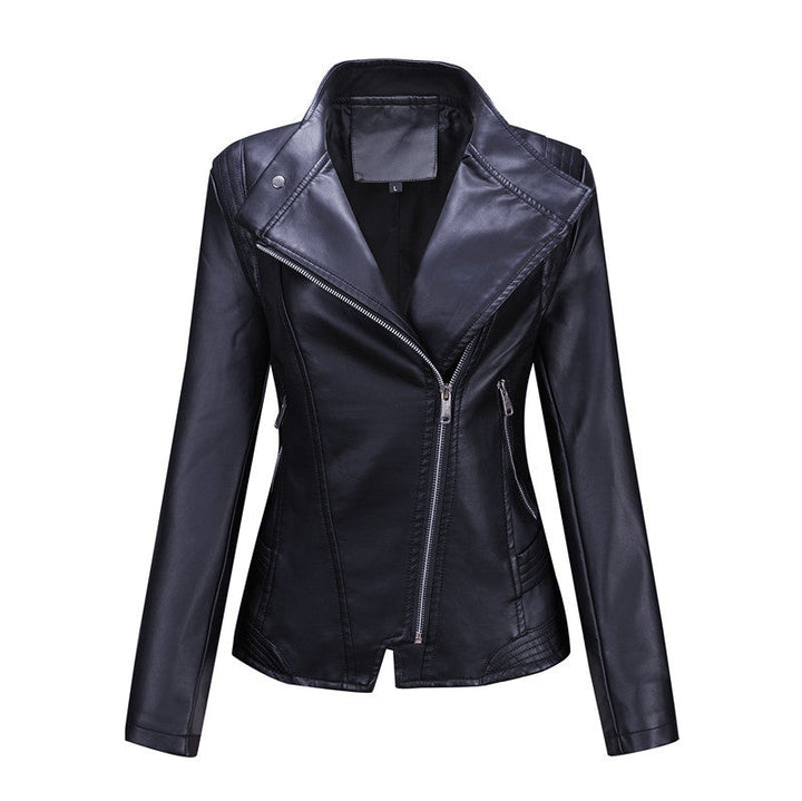Women fitted biker jacket made of faux leather with asymmetrical zip and fitted cut