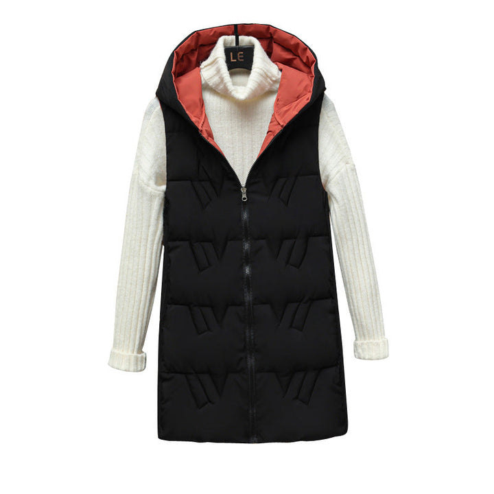 Women’s quilted long padded hooded vest with zip
