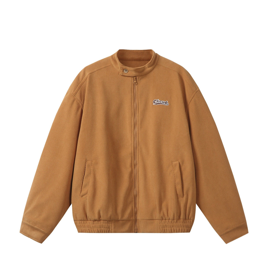 Unisex loose-fitting corduroy blouson jacket with stand-up collar, full-length zip, and elastic hem