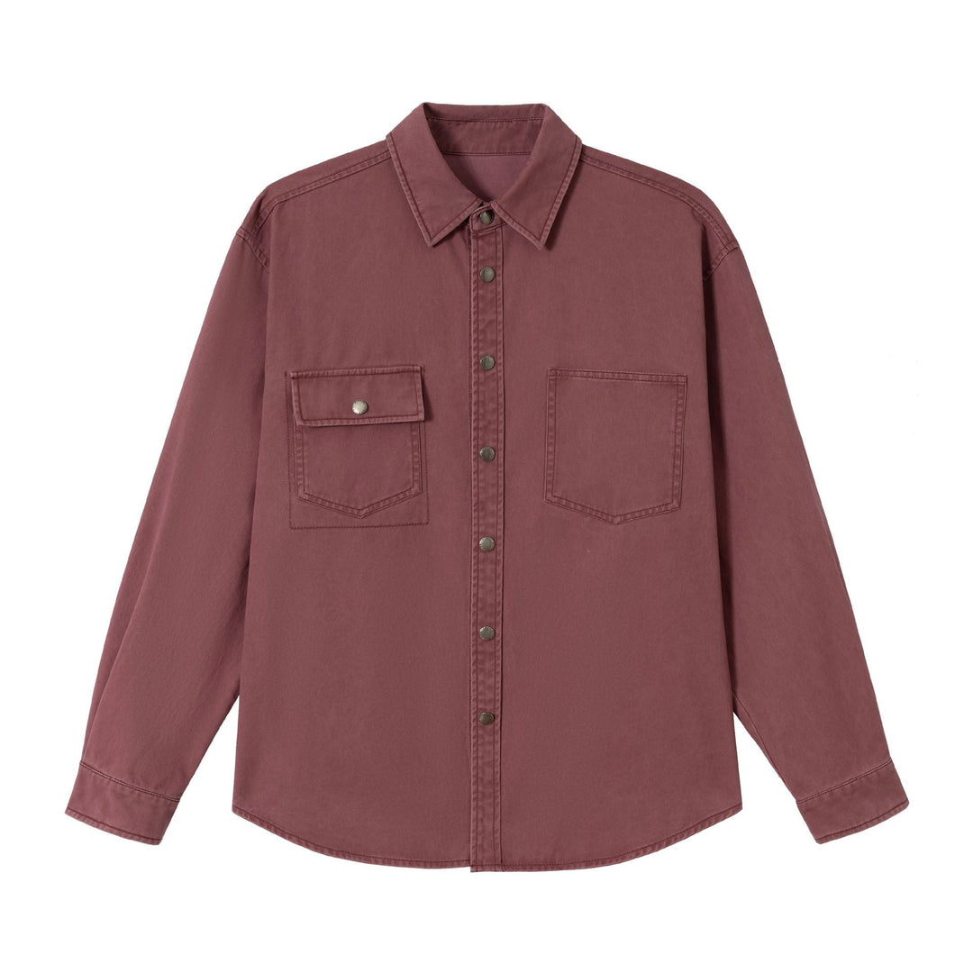 Ladies Oversize Shirt Jacket in Shacket Style made of washed cotton twill with snap button closure