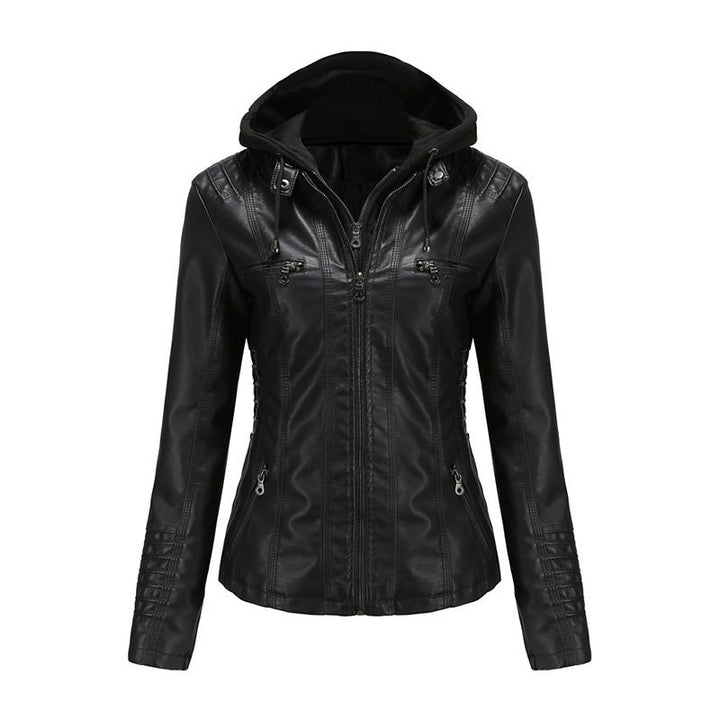 Women Tailored Faux Leather Jacket with Removable Hood and Zip