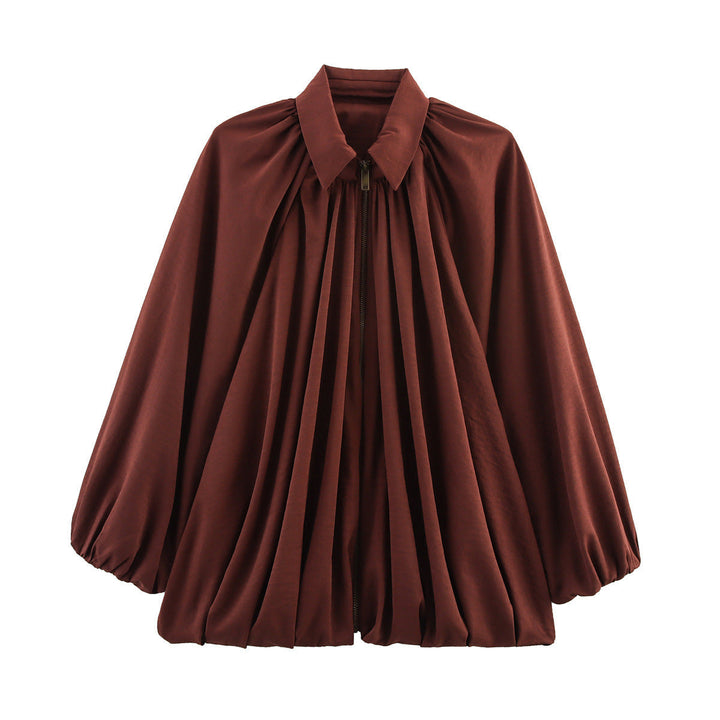 Women Wide Pleated Cape Transitional Jacket with Zip and Balloon-Shaped Hem