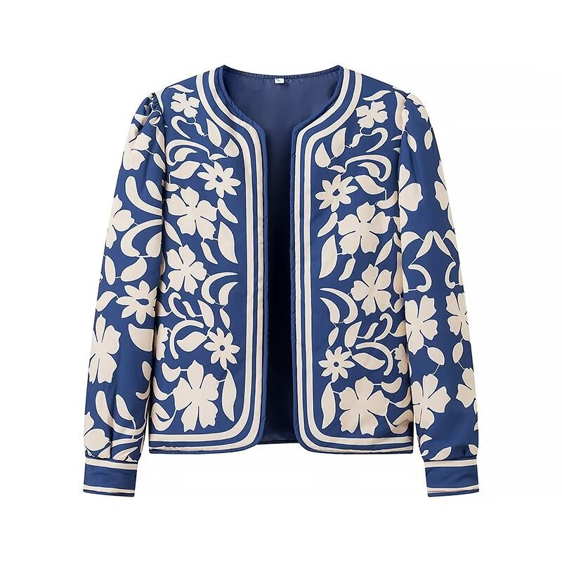 Women Open Blazer Jacket with Floral Allover Print, Round Neckline and Feminine Fit