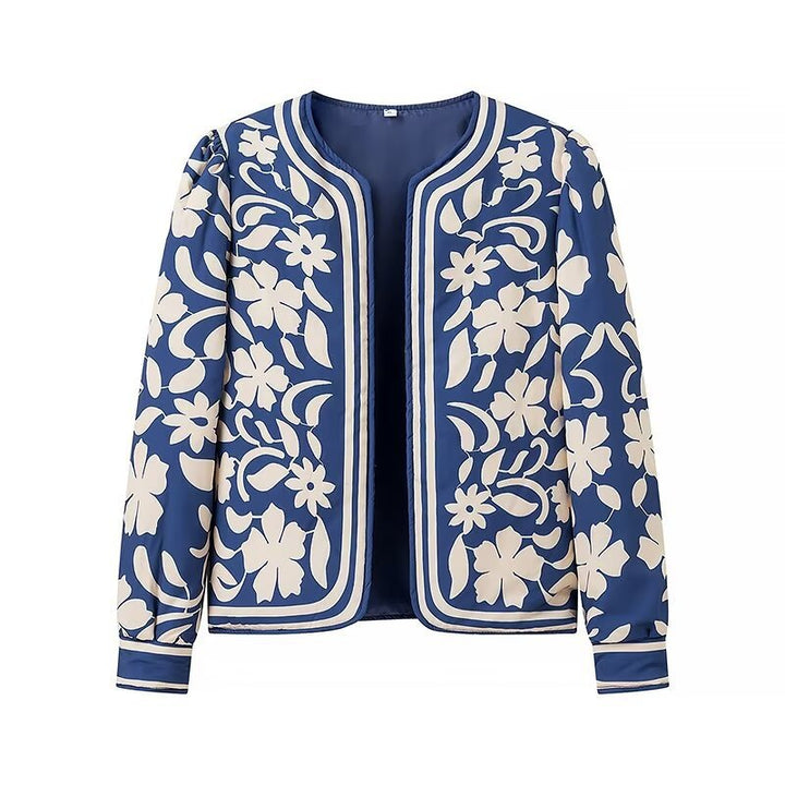 Women Open Blazer Jacket with Floral Allover Print, Round Neckline and Feminine Fit