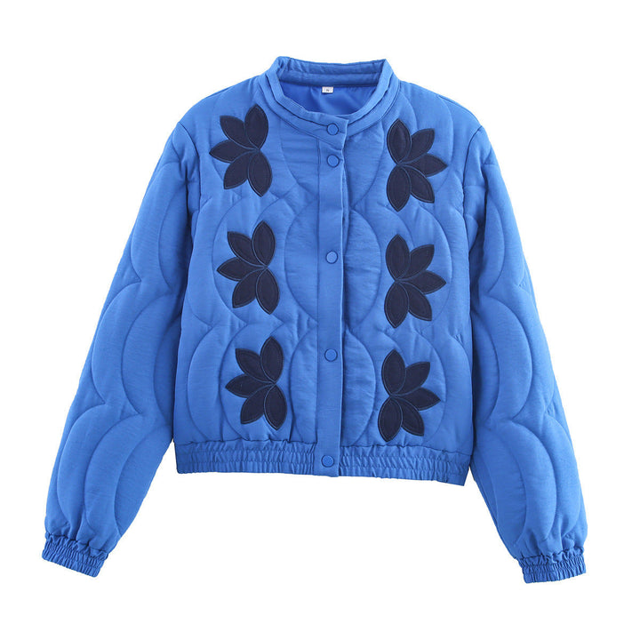 Women Short Quilted Blouson with Floral Quilted Application, Stand-up Collar and Elastic Waistband