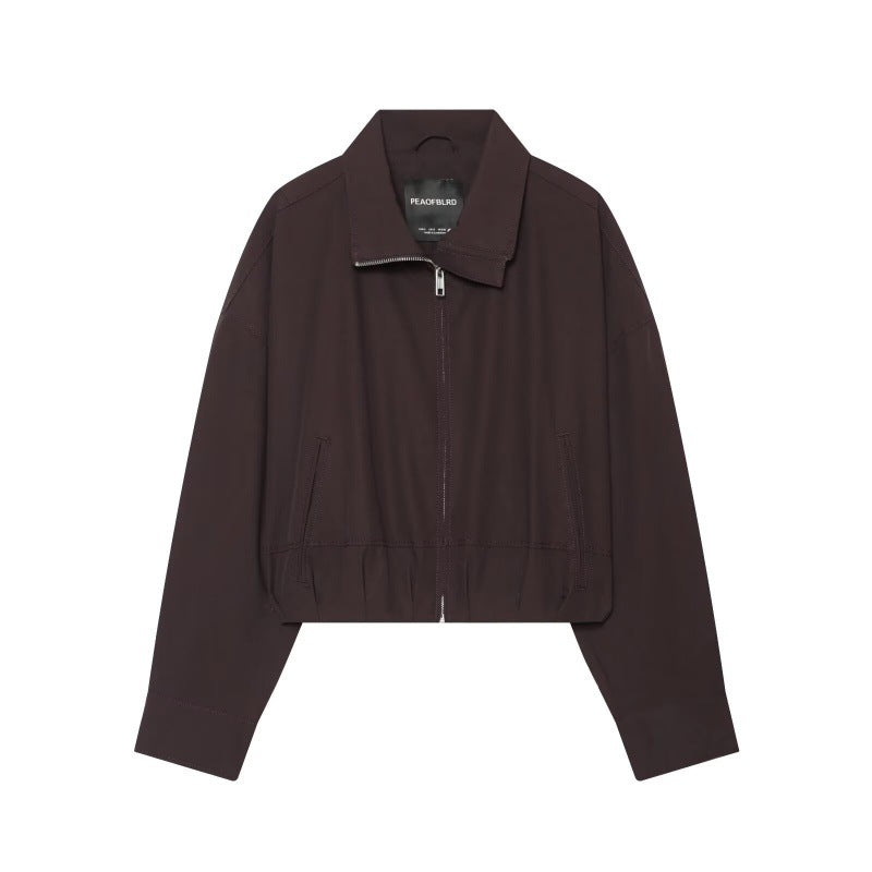 Women Cropped Boxy Jacket with Zip, Stand-Up Collar and Elastic Hem