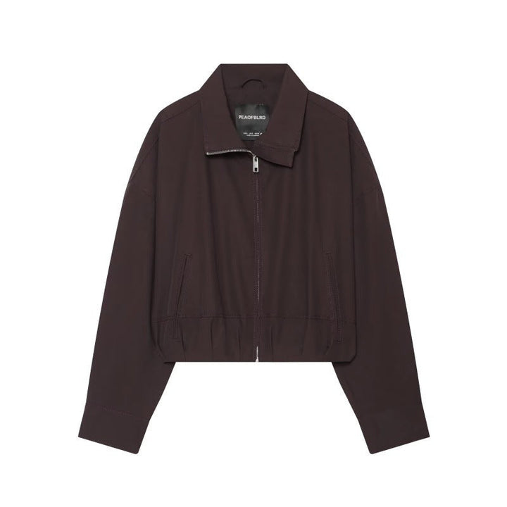 Women Cropped Boxy Jacket with Zip, Stand-Up Collar and Elastic Hem