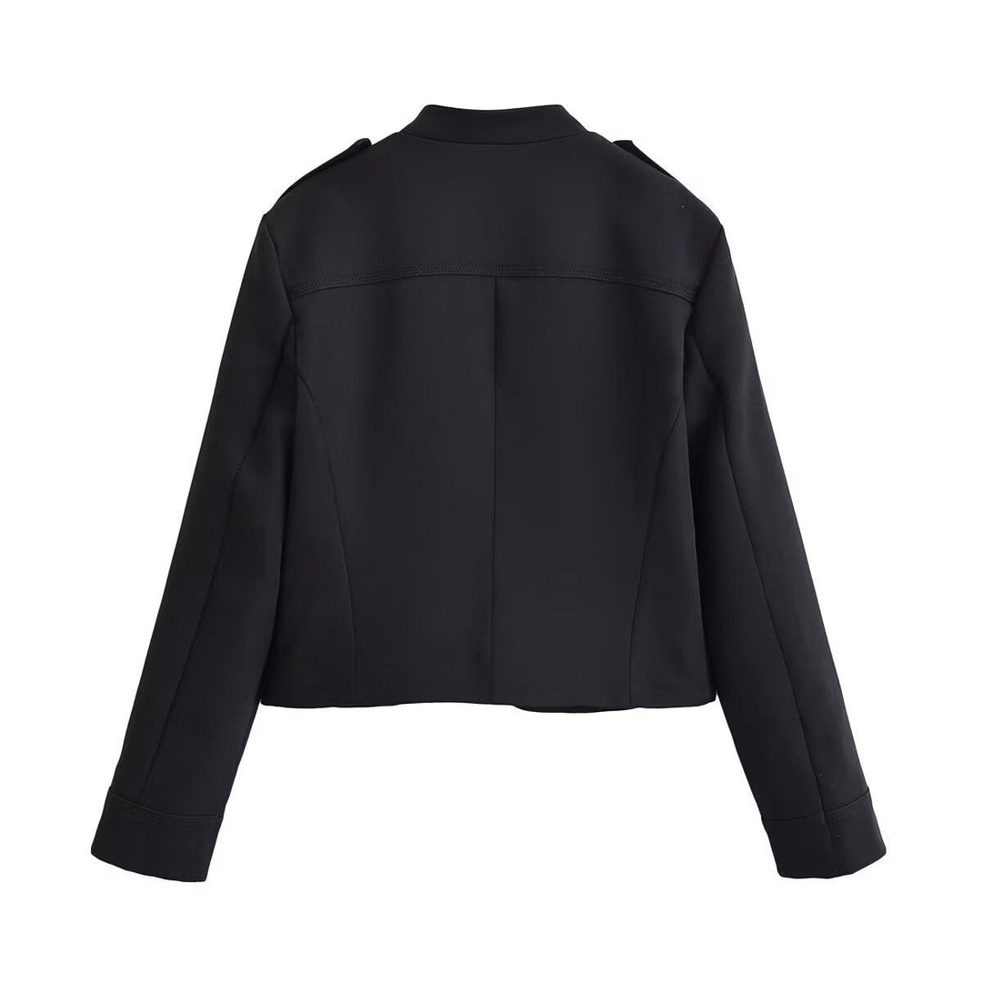 Ladies fitted short jacket in military style with decorative double-button placket, zip, and shoulder epaulettes