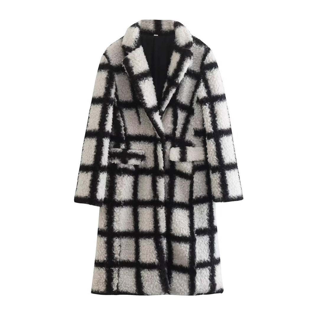 Ladies Long Checkered Teddy Coat with Revers Collar and Flap Pockets