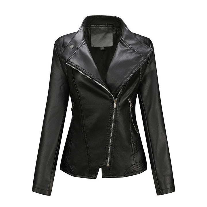 Women fitted biker jacket made of faux leather with asymmetrical zip and fitted cut