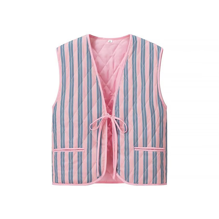 Women Padded Quilted Vest with Floral Allover Look and Tie Band