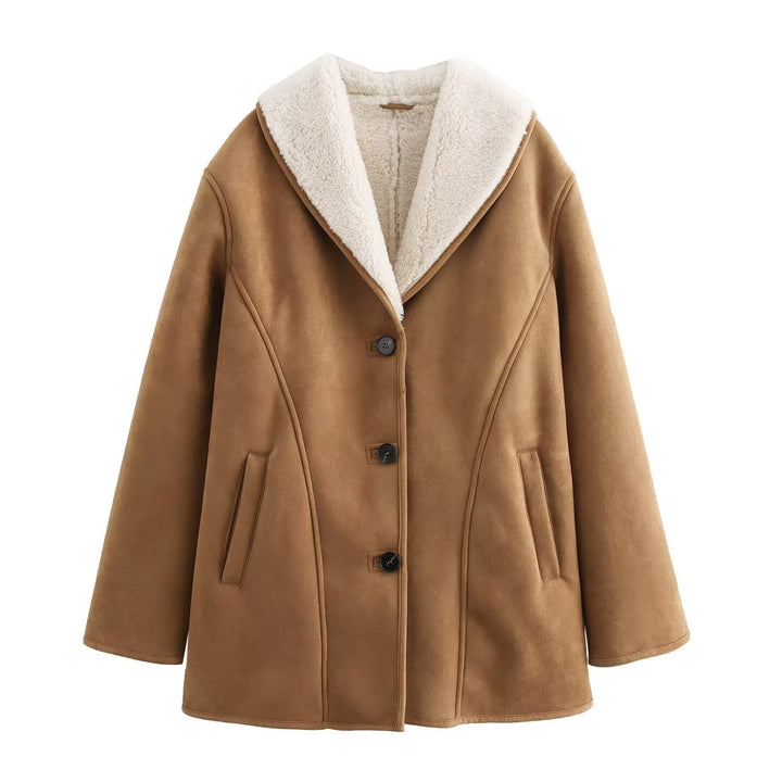 Ladies short coat in velour look with teddy lining and shawl collar