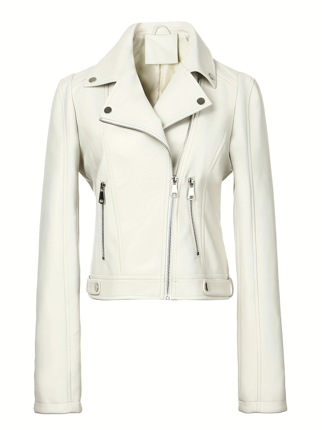 Women Tailored Biker Jacket in Leather Look with Asymmetrical Zip and Decorative Seams