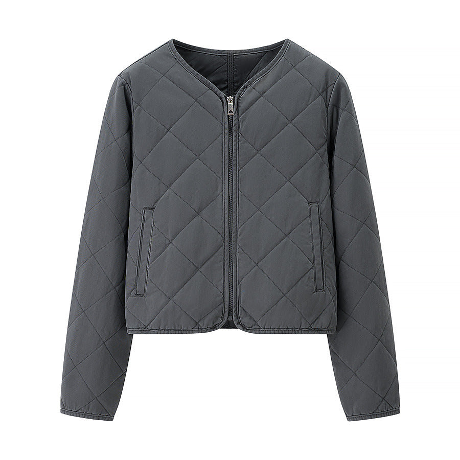 Women Light Quilted Short Jacket with Round Neck, Full Zip and Subtle Waist Length