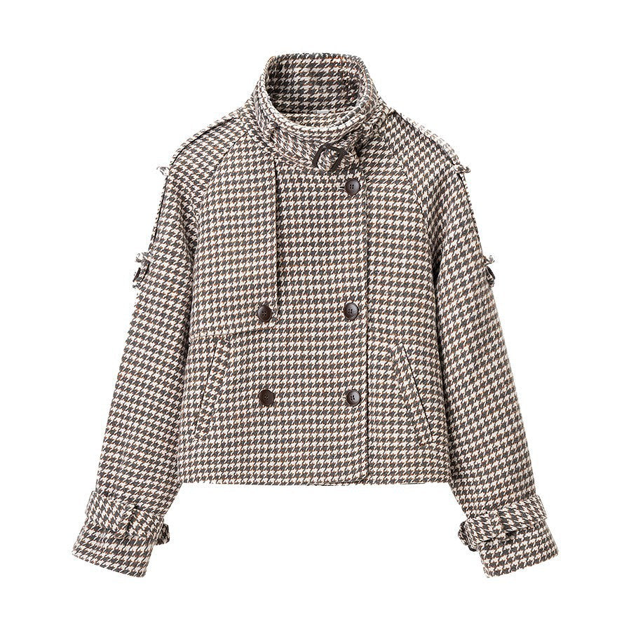 Ladies short jacket in houndstooth with stand-up collar, double-breasted and waist details